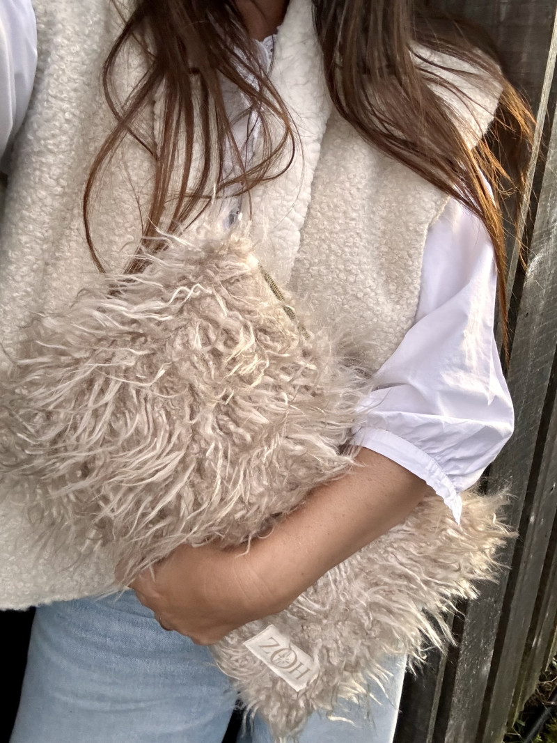 Large Barney Long-Pile Flat Clutch Beige