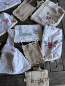 Embroidered Vintage Linen Pouch / Summer