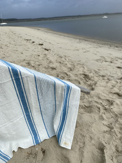 blue striped linen bath towel
