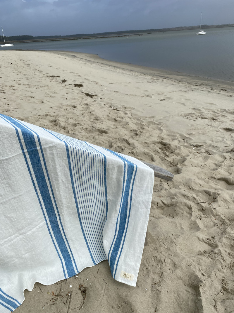 blue striped linen bath towel